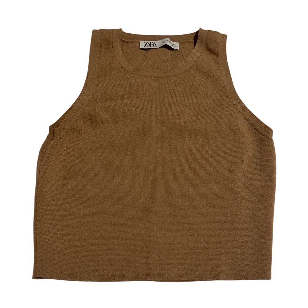 Zara Ribbed Knit Tank Top Women Size M Brown Excellent Cropped‎ Sleeveless Crew